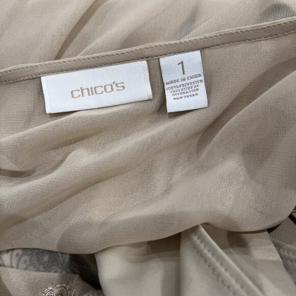 Chicos Beige Sheer Blouse Sequin Embellished Neckline & Cinched Waist Size M - Picture 6 of 12
